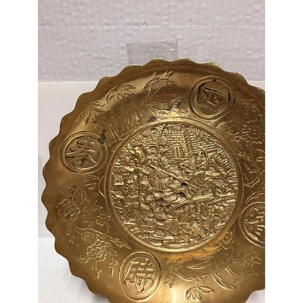 Plate Tray Hand Engraved Etched Decor Brass Scalloped Edge Vintage Chinese Heavy